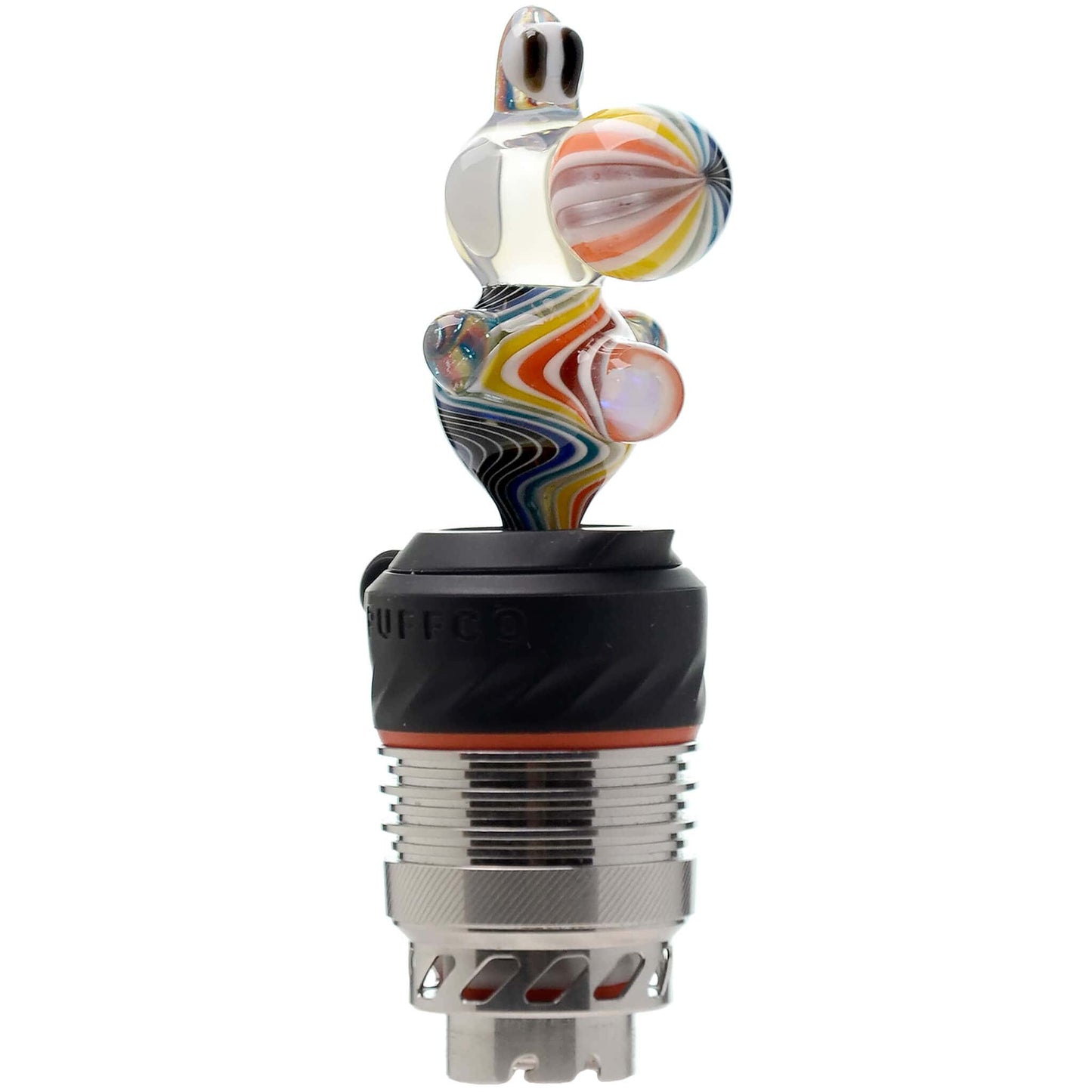 Five different color options of the Calibear Wigwag Yoshi 3DXL Joystick Carb Cap with encased opals, mounted on Puffco Peak Pro 3DXL metal chambers, showcasing hand-blown character glass bodies with vibrant rainbow, blue, teal, and orange wigwag linework patterns.
