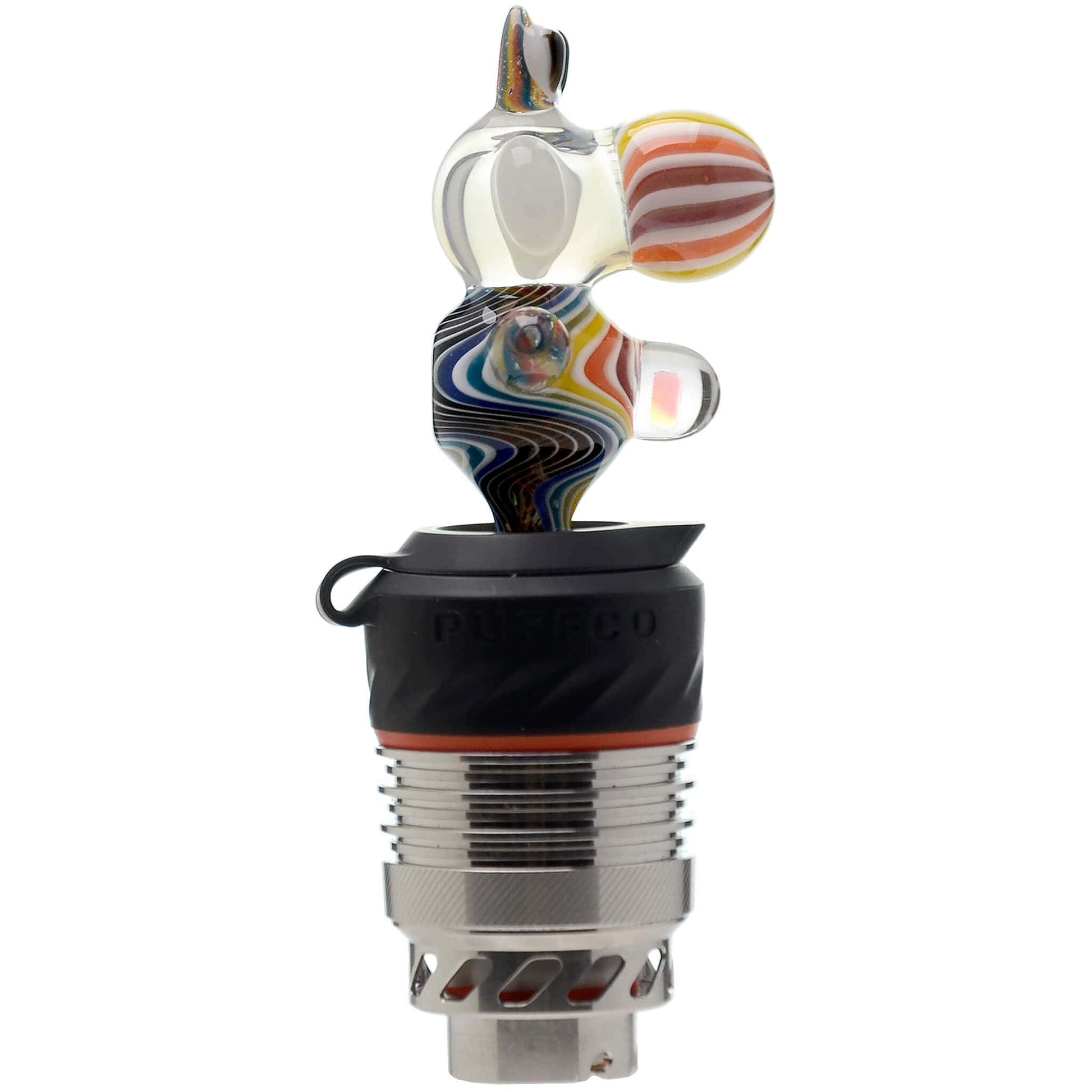 Five different color options of the Calibear Wigwag Yoshi 3DXL Joystick Carb Cap with encased opals, mounted on Puffco Peak Pro 3DXL metal chambers, showcasing hand-blown character glass bodies with vibrant rainbow, blue, teal, and orange wigwag linework patterns.