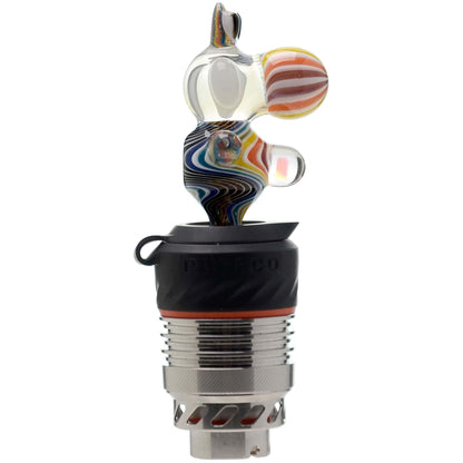 Five different color options of the Calibear Wigwag Yoshi 3DXL Joystick Carb Cap with encased opals, mounted on Puffco Peak Pro 3DXL metal chambers, showcasing hand-blown character glass bodies with vibrant rainbow, blue, teal, and orange wigwag linework patterns.
