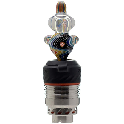 Five different color options of the Calibear Wigwag Yoshi 3DXL Joystick Carb Cap with encased opals, mounted on Puffco Peak Pro 3DXL metal chambers, showcasing hand-blown character glass bodies with vibrant rainbow, blue, teal, and orange wigwag linework patterns.