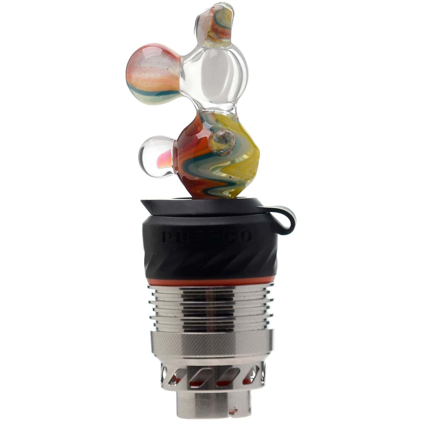 Five different color options of the Calibear Wigwag Yoshi 3DXL Joystick Carb Cap with encased opals, mounted on Puffco Peak Pro 3DXL metal chambers, showcasing hand-blown character glass bodies with vibrant rainbow, blue, teal, and orange wigwag linework patterns.