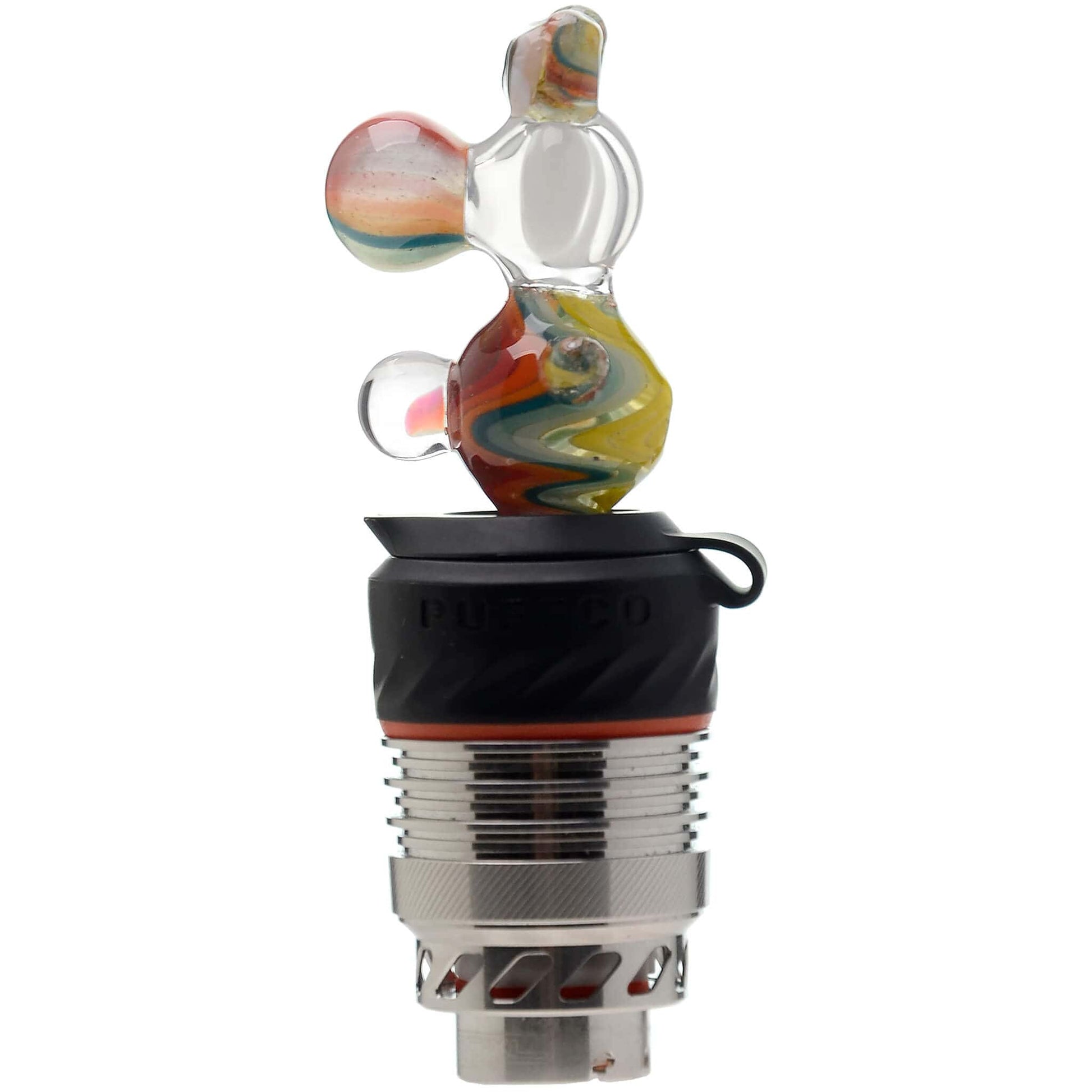 Five different color options of the Calibear Wigwag Yoshi 3DXL Joystick Carb Cap with encased opals, mounted on Puffco Peak Pro 3DXL metal chambers, showcasing hand-blown character glass bodies with vibrant rainbow, blue, teal, and orange wigwag linework patterns.