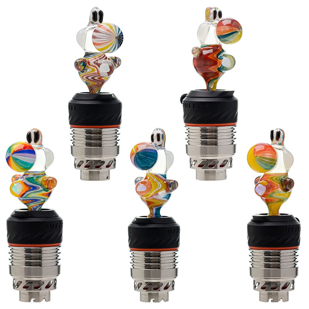 Five different color options of the Calibear Wigwag Yoshi 3DXL Joystick Carb Cap with encased opals, mounted on Puffco Peak Pro 3DXL metal chambers, showcasing hand-blown character glass bodies with vibrant rainbow, blue, teal, and orange wigwag linework patterns.