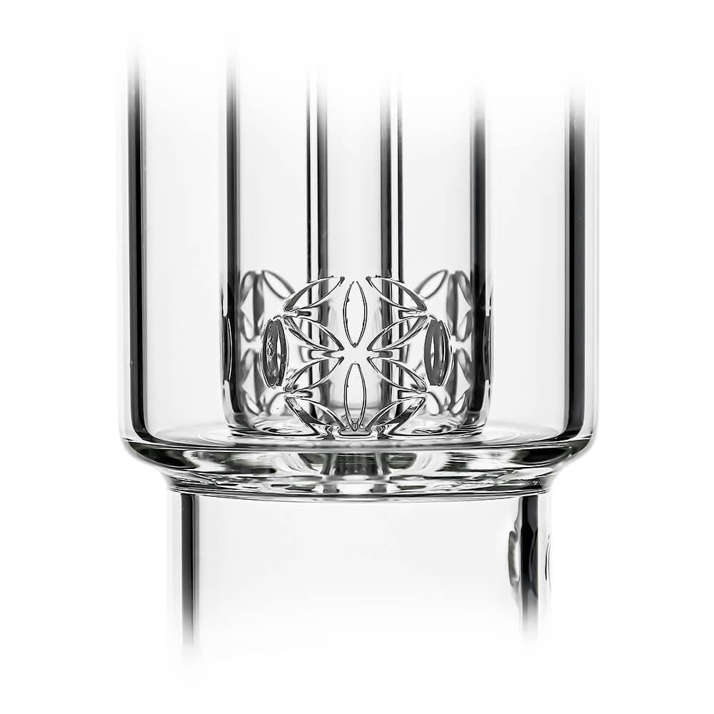 Calibear Seed of Life percolator glass attachment for Dr. Dabber Switch 2 featuring a clear cylindrical chamber and precision-cut geometric perc.